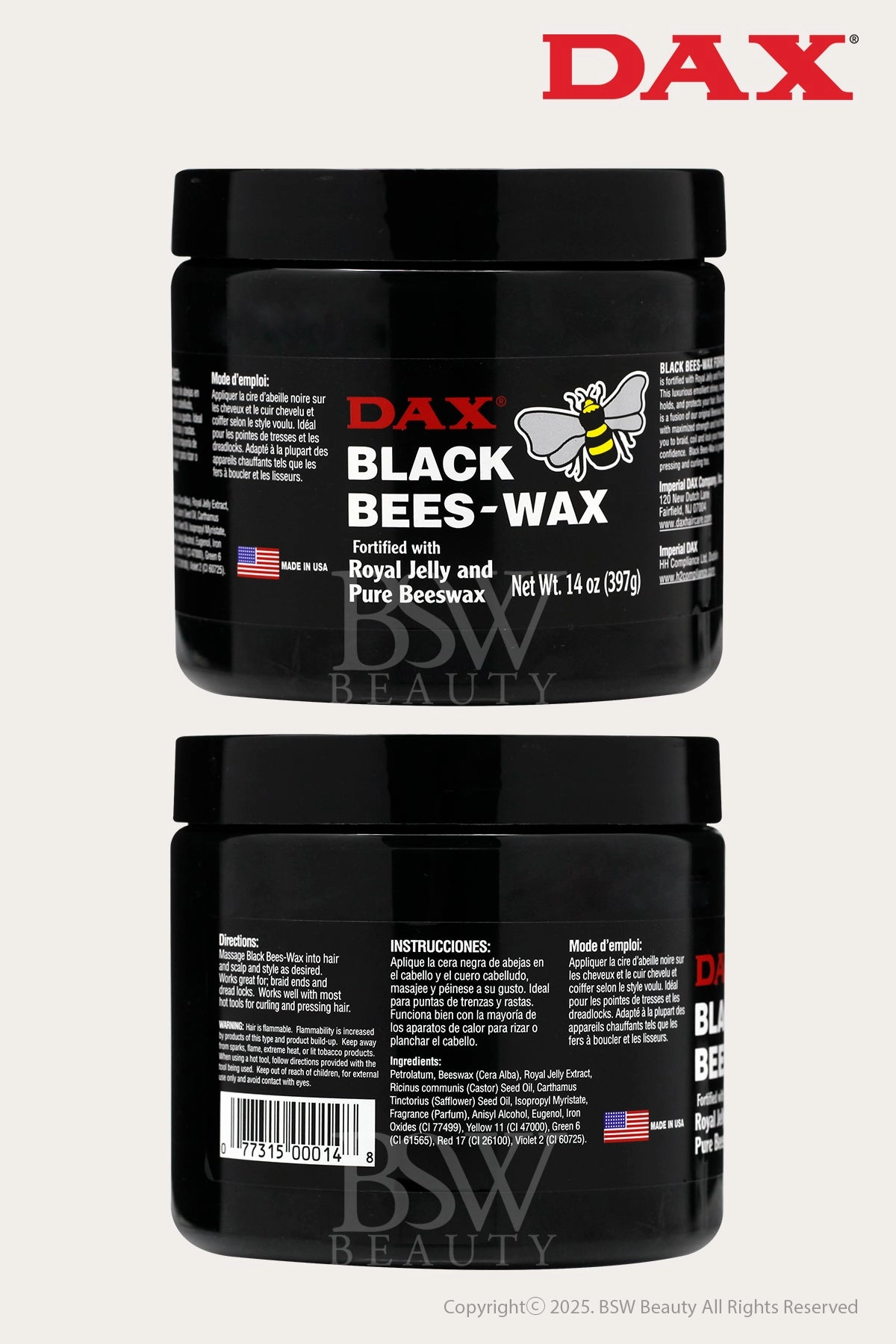 DAX BLACK BEES-WAX  FORTIFIED WITH ROYAL JELLY AND PURE BEESWAX 14oz
