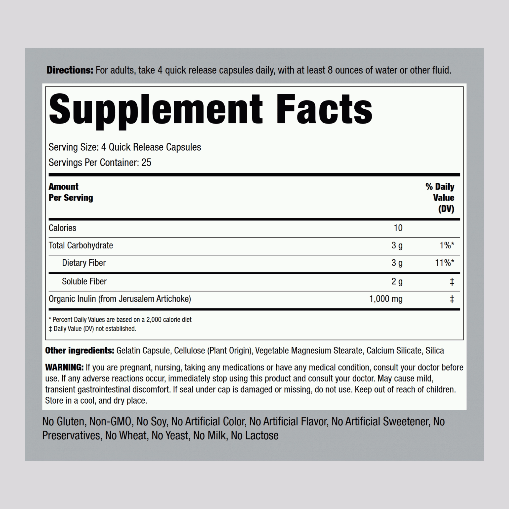 Inulin, 1000 mg (per serving), 100 Quick Release Capsules