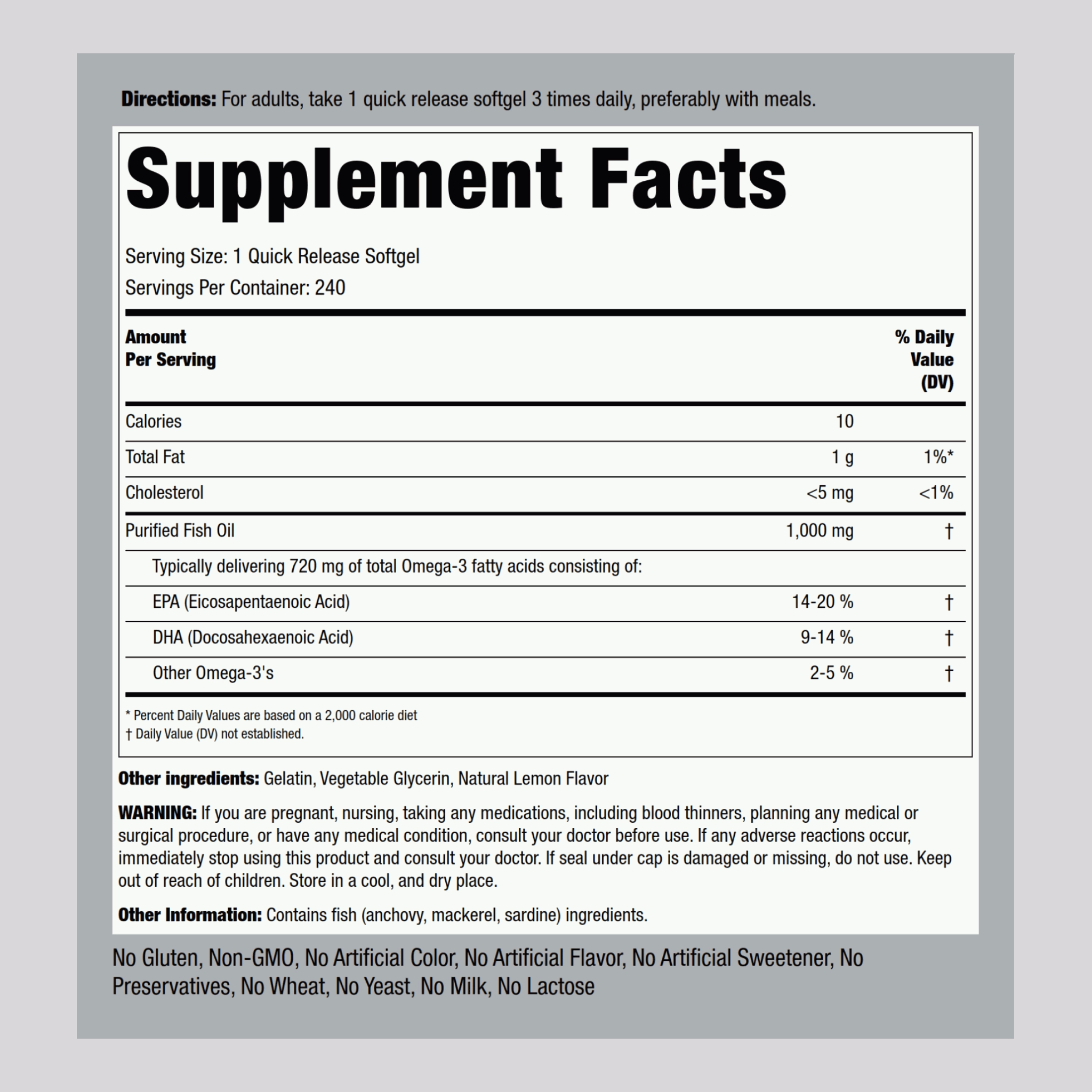 Omega-3 Fish Oil Lemon Flavor, 1000 mg, 240 Quick Release Softgels, 2  Bottles