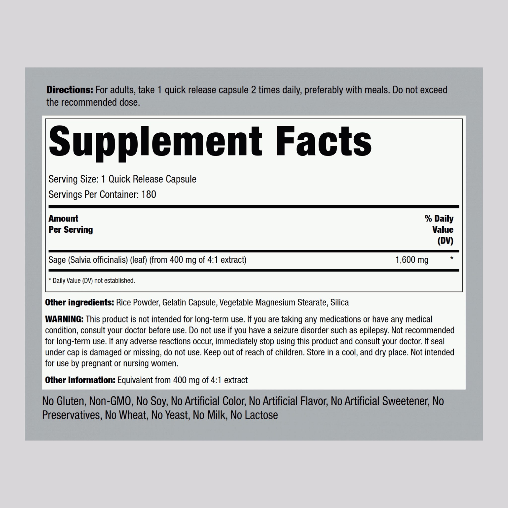 Sage, 1600 mg, 180 Quick Release Capsules